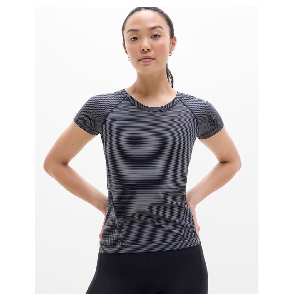 Athleta Womens Black White Striped Seamless Short Sleeve Activewear Top Size L